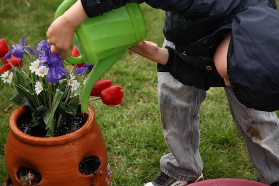 preschool boy watering artificial flowers in pot