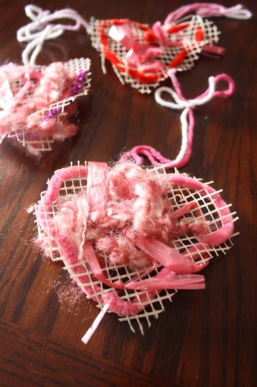 close up woven mesh heart craft made by toddlers and preschoolers