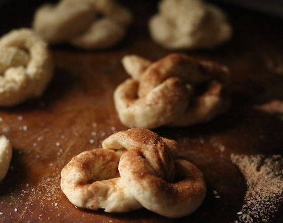 homemade pretzels topped with cinnamon and sugar