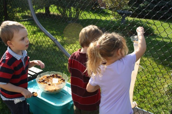 preschoolers gathered around pool hoses in fence