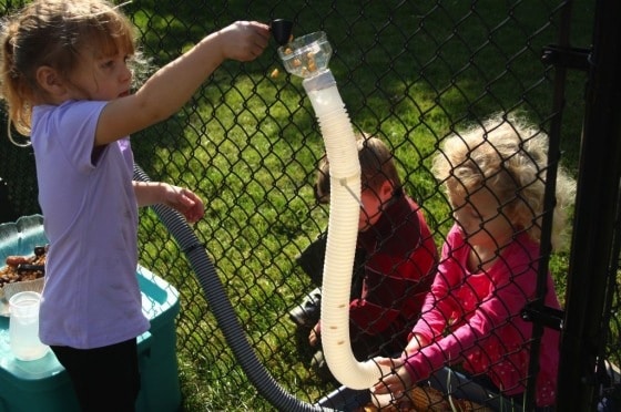 Hose and funnel run through chain link fence