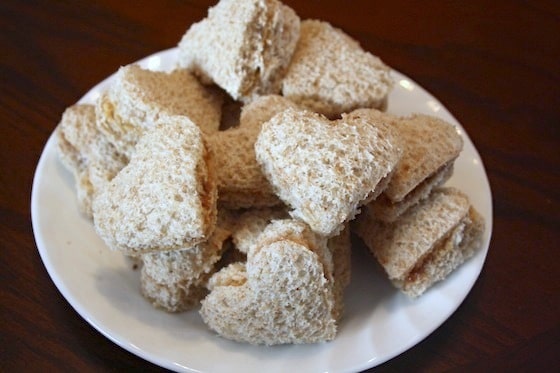 bite-size heart-shaped peanut butter and jam sandwiches