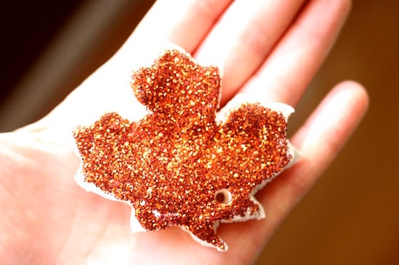 copper coloured glittered clay dough leaf