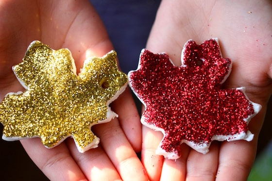 gold glittered leaf and red glittered leaf