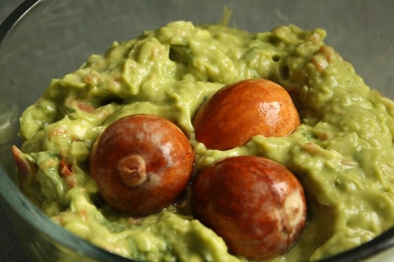 3 pits in bowl of homemade guacamole