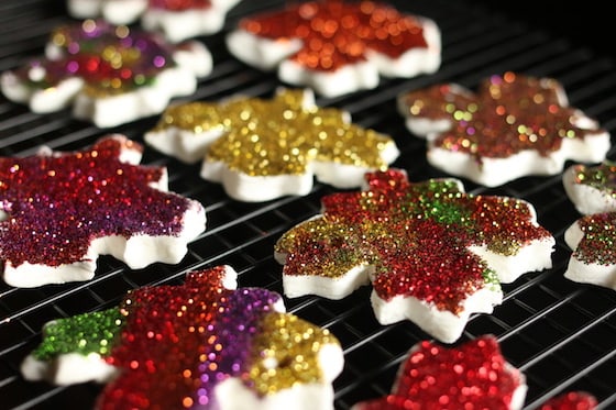 glittered fall leaf ornaments made from homemade white clay dough