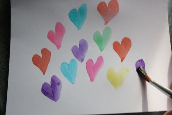 hearts painted with homemade watercolour paints