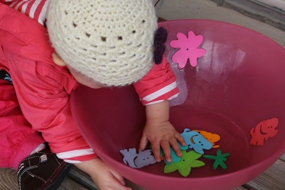 foam shapes in a wet bowl. Great fine motor activity for toddlers and babies.