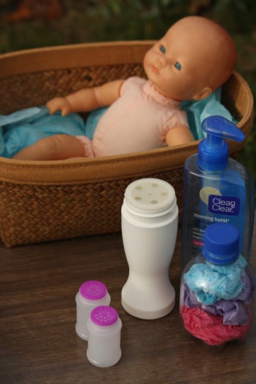 doll, pump bottles and shaker bottles