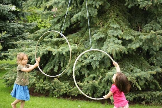 rope and hula hoop activity - hang it from a clothesline or tree branch