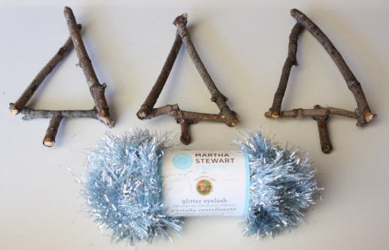 twig tree ornaments - twig triangles and eyelash yarn