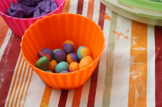 bowl of play dough rolled into balls