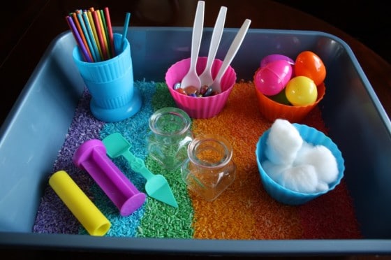 Coloured Rice Sensory Bin set up