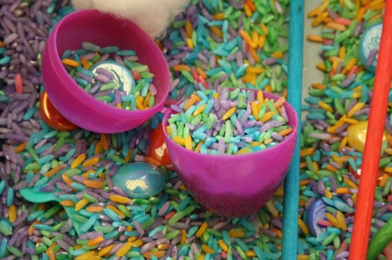 rice sensory bin close up