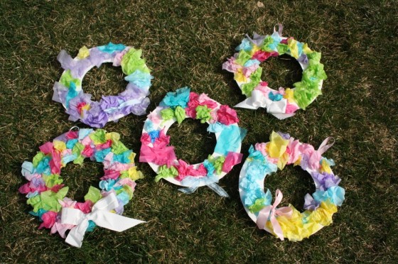 5 tissue paper easter wreaths in the grass