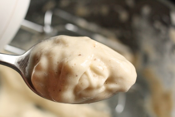 homemade frozen banana ice cream on a spoon