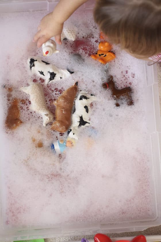 Toys being cleaned in soapy water