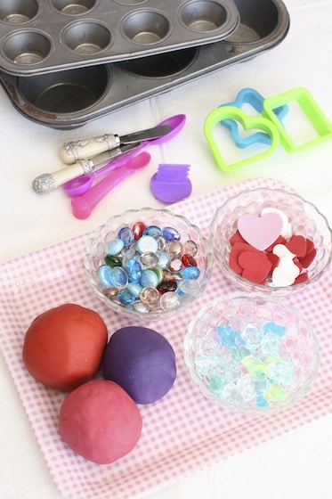 Supplies for Valentines' play dough activity candy shop