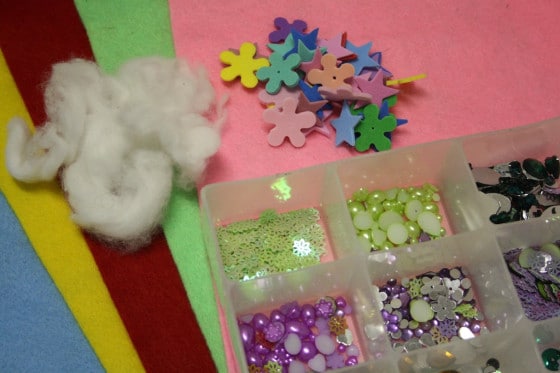 felt, cotton balls, foam shapes, craft gems