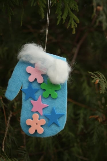 blue felt handprint mitten ornament 