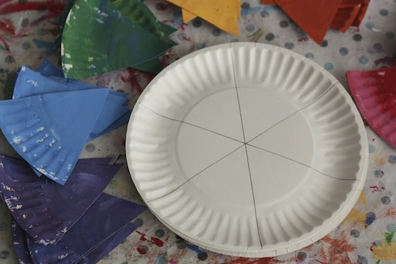 Pencil lines dividing paper plate into 6 parts.