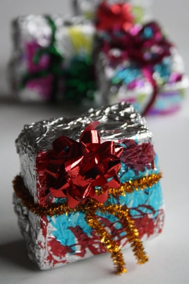 homemade foil ornaments with mini bows