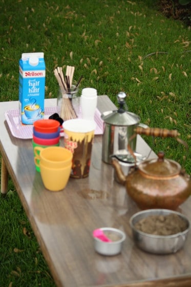 coffee shop pretend play activity table in backyard play space