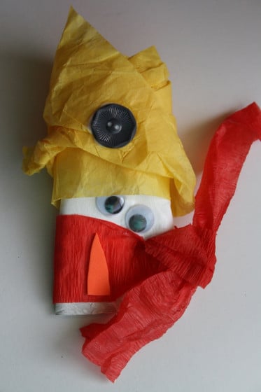 toilet roll and tissue paper snowman ornament - yellow hat, upside down nose