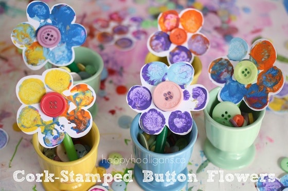 cork stamped flowers in egg cups - easy flower craft for kids