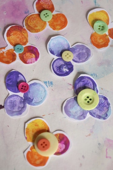 pansies with button centres, stamped with corks