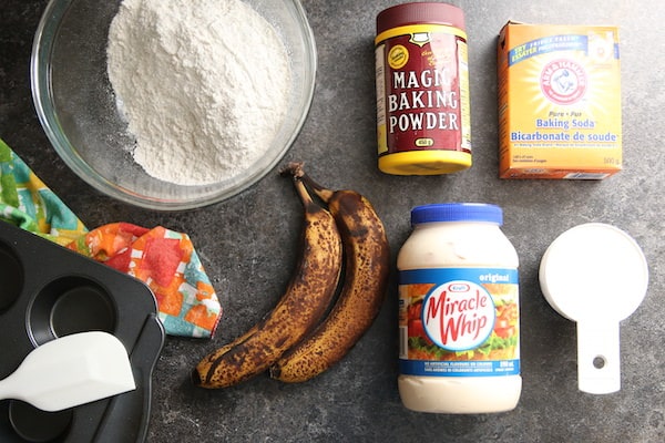 Ingredients for banana muffins made with mayonnaise
