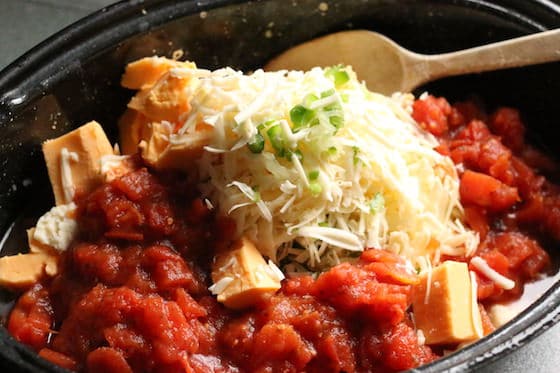 ingredients for warm cheese dip in roasting pan