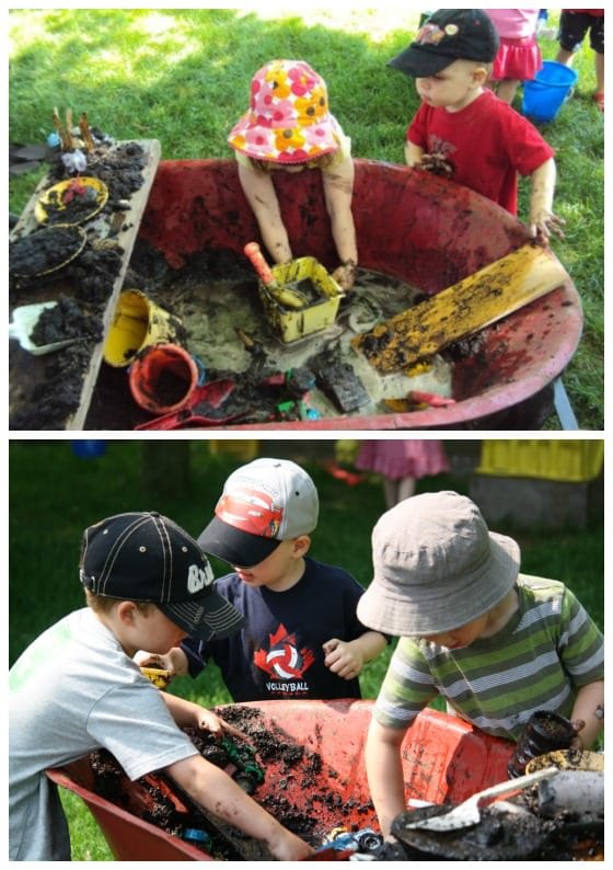 international mud day activities in a wheelbarrow