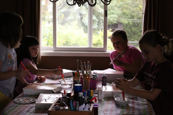 Kids crafting at dining table