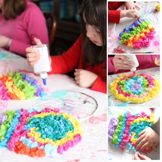 Kids crumpling tissue paper and glueing to paper Easter Egg