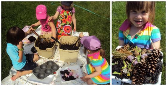 kids decorating mud cakes and mud muffins