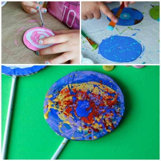 kids painting cardboard circles for lollypop ornaments