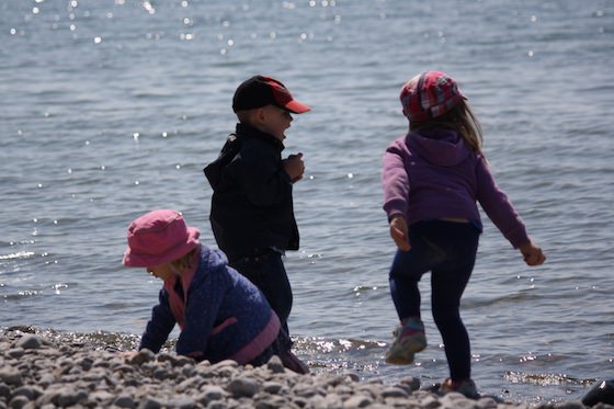 Kids throwing rocks at the beach