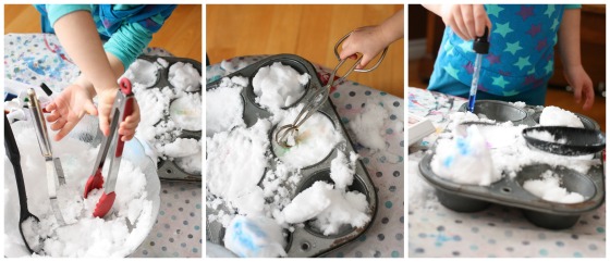 kitchen utensils and muffin tin for snow play