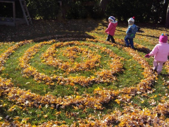 leaf labyrinth for toddlers made when raking leaves in the backyard