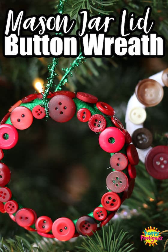 Mason Jar Lid Ornament with green ribbon and red buttons on Christmas tree