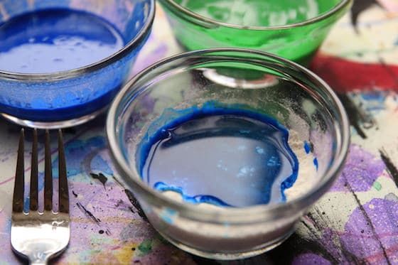 3 bowls of liquid watercolours and self rising flour