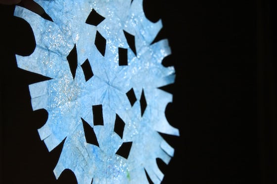 blue, glittered coffee filter snowflake