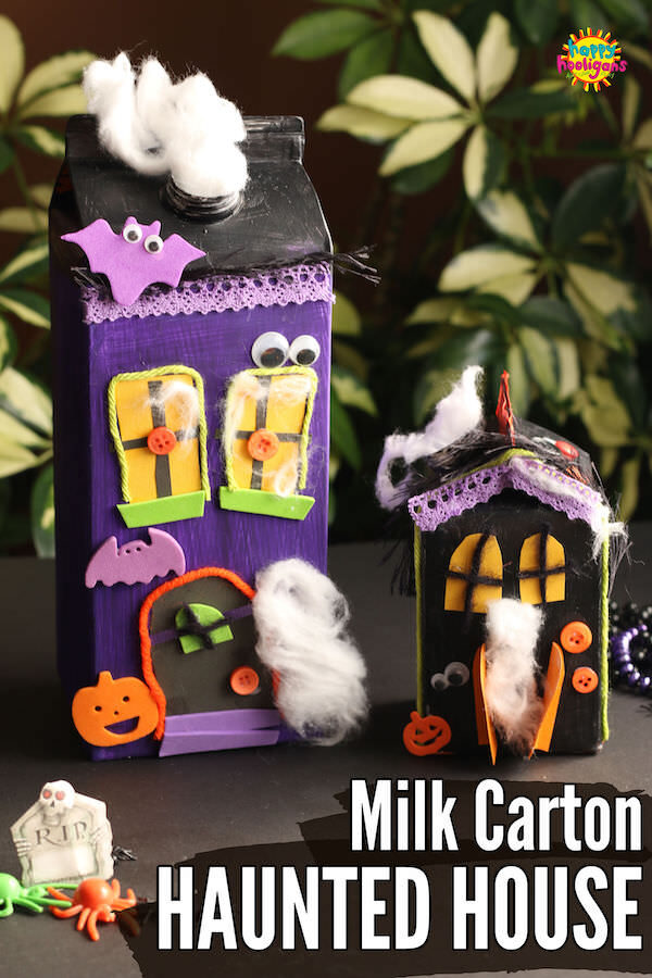 2 haunted houses made from cardboard milk cartons