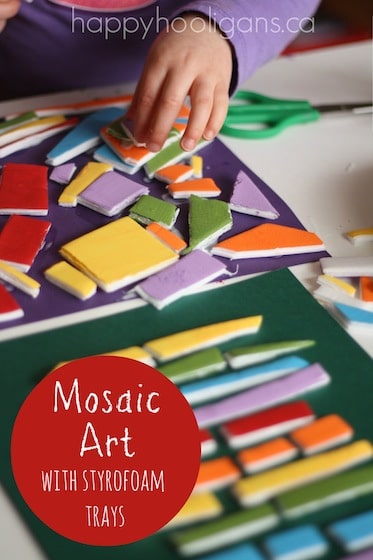 Mosaic art for toddlers and preschoolers with painted styrofoam produce trays