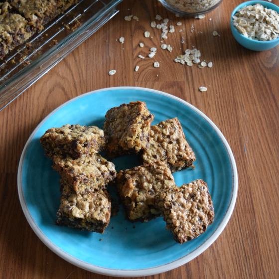 oatmeal chocolate chip squares on blue plate