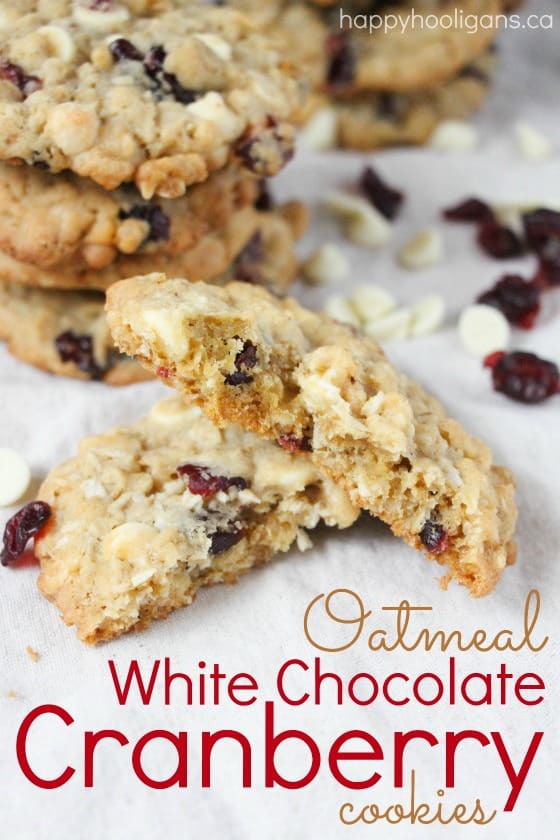 Oatmeal White Chocolate Chip Cranberry Cookies - a classy cookie for the holidays or any day. Makes a great gift for teachers, friends and neighbours - Happy Hooligans