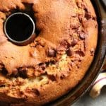 overhead shot of banana chocolate chip bundt cake