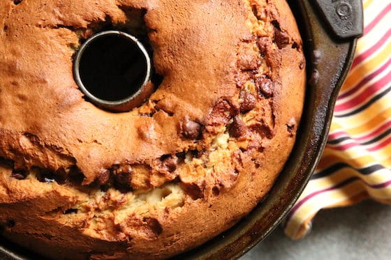 overhead shot of banana chocolate chip bundt cake