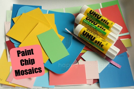 paint chip samples, glue sticks